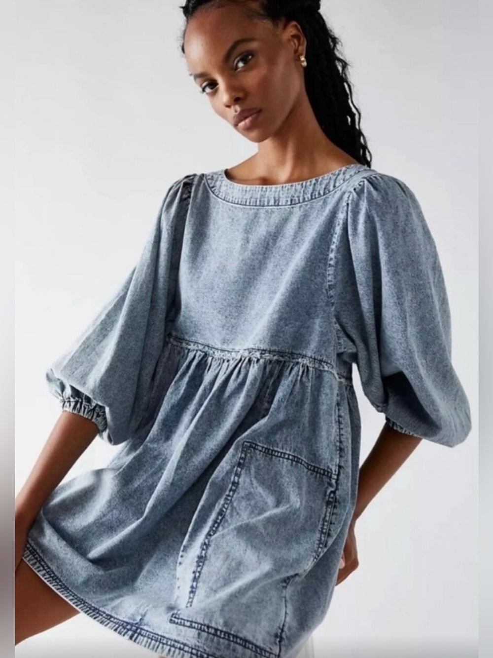 Free People Washed Denim Mini Dress in Light Blue